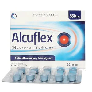 A blister pack of Alcuflex 550mg tablets placed on a white surface.
