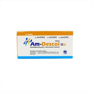 A pack of AM-Descol tablets with a white background.