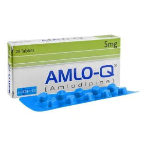 A blister pack of Amlo-Q 5mg tablets placed on a white surface.
