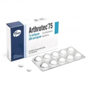 A blister pack of Arthrotec 75mg tablets, with the medication name and dosage clearly visible.