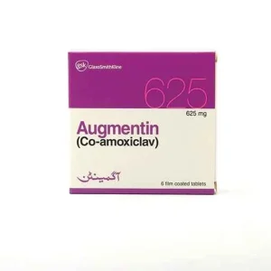 Augmentin tablet blister pack, indicating its medical use for bacterial infections.