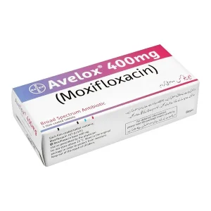 A pack of Avelox tablets with a white background.