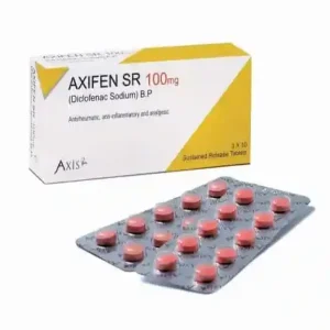 Axifen 100mg Tablet, containing Diclofenac Sodium, a powerful anti-inflammatory medicine for pain relief.