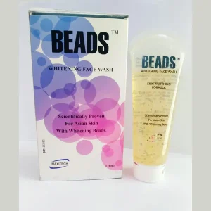 A container of Beads Whitening Face Wash, showcasing its texture and packaging, with a focus on the bursting beads for deep cleansing.