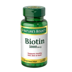 Image of Biotin 5,000 mcg supplement bottle with the label 'Biotin 5,000 mcg' and key information about the product.