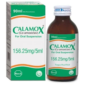 Bottle of Calamox Syrup: A medication for treating bacterial infections such as UTI, sinus infections, and chest infections