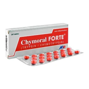 hymoral Forte tablets on a white background with text describing its uses.