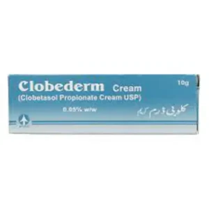 A bottle of Clobederm Lotion 0.5mg, displaying its packaging and texture, with a focus on its active ingredient and the condition it is used to treat.