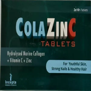 A blister pack of Colazinc tablets with a few tablets placed beside it.
