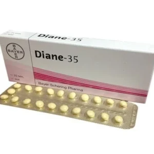 A pack of Diane-35 tablets, featuring the medication name and dosage prominently.