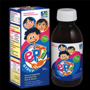 A bottle of Epti Syrup with herbal ingredients displayed beside it.