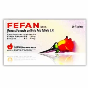 A pack of Fefan tablets with one tablet visible, placed on a white surface.