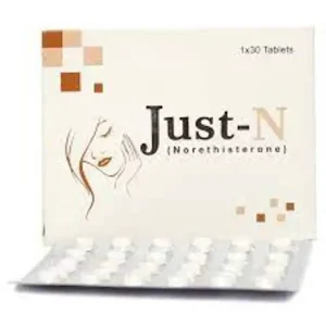 Image of Just-N Tablets 5mg, a medication used to treat menstrual irregularities, premenstrual syndrome, and endometriosis.