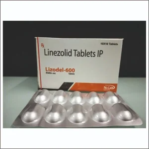 A blister pack of Linezolid 600mg tablets, showing the medication name and dosage prominently.