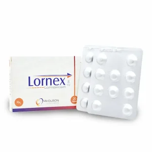 A white tablet with "Lornex 8mg" imprinted on it, resting on a white surface.
