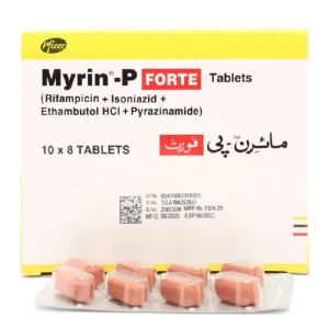 Myrin-P Forte Tablet pack containing Ethambutol 275mg, Rifampicin 150mg, Isoniazid 75mg, and Pyrazinamide 400mg. Used for tuberculosis and bacterial infections.
