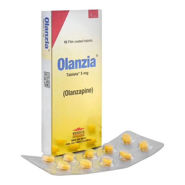 A pack of Olanzapine tablets 5mg, with the medication name and dosage clearly visible.