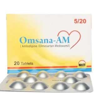 Image of Omsana Tab 5 mg/20mg, an antihypertensive medication containing Olmesartan Medoxomil and Amlodipine.