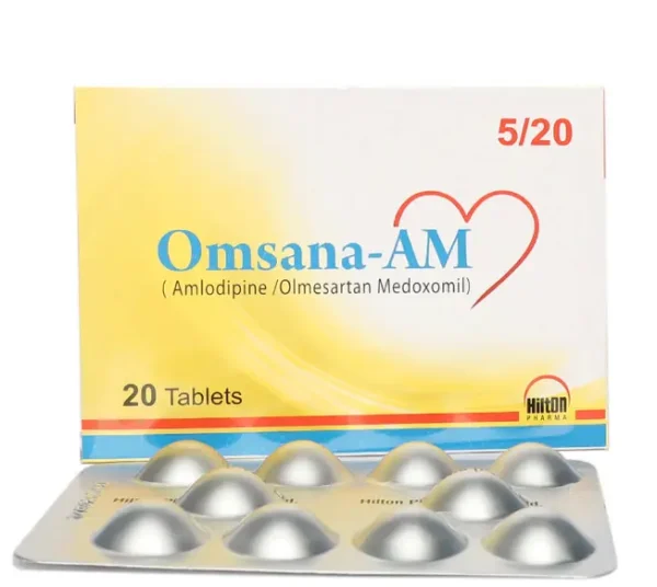 Image of Omsana Tab 5 mg/20mg, an antihypertensive medication containing Olmesartan Medoxomil and Amlodipine.