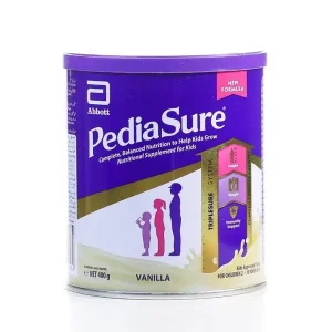 A container of Pediasure Milk Powder Vanilla 850G from Abbot Nutrition, a complete, balanced nutritional supplement with a new Triple Sure Formula for supporting growth, promoting immunity, and building a healthy appetite.