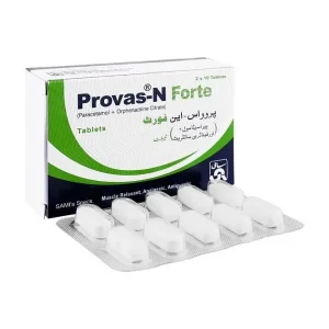 Provas-N Forte 650/50mg tablet: Treats tension headaches, muscle spasms, sprains, and strains.