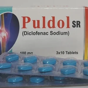 Puldol SR Tablet 100mg blister pack, a medication used for pain relief and inflammation.