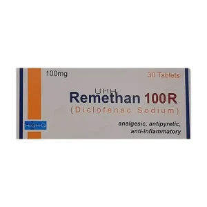 Blister pack of Remethan Tablet 100mg against a white background.