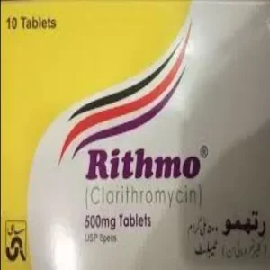 Rithmo tablet 250 mg, a macrolide antibiotic for bacterial infections, including pneumonia, pharyngitis, sinusitis. Image shows a pack of Rithmo tablets.