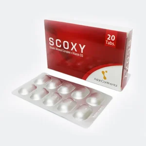 Illustration of a Scoxy Tablet with a medical cross symbol.