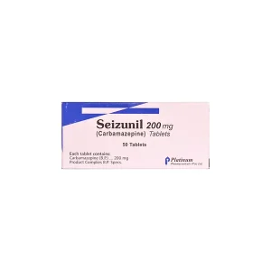 A white tablet with "Seizunil 200mg" imprinted on it, placed on a blue background.