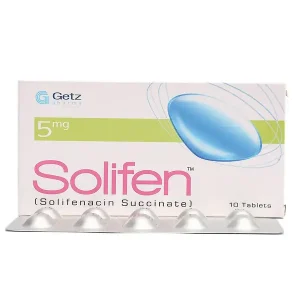 A blister pack of Solifen Tablet 5mg placed on a white surface.