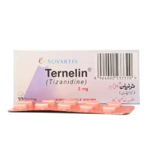 A pack of Ternelin Tablet 2mg, a skeletal muscle relaxant used for IBS, with its formula and information on uses and side effects.