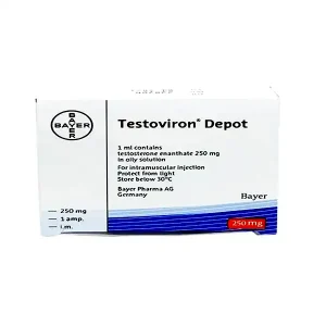 Testoviron Depot 250mg vial and syringe on a medical background.