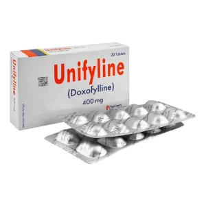 : Unifyline tablet 400mg, containing 400 mg of doxofylline, used for asthma and respiratory diseases. Image shows a pack of Unifyline tablets.