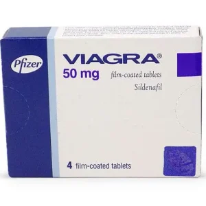 A close-up image of Viagra 50mg tablets, small blue pills with a diamond shape, indicating its use for erectile dysfunction treatment.