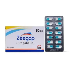 A blister pack of Zeegap Capsule 50mg, an oral medication used for diabetic nerve pain, epilepsy, spinal cord injury, restless leg syndrome, and generalized anxiety disorder.