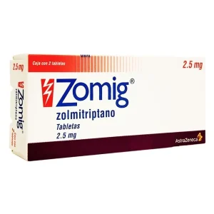 A pack of Zomig tablets, displaying the medication name and dosage prominently.