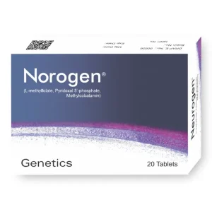 A white tablet with "Norogen" imprinted on it rests on a white surface.
