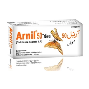 An image showing a blister pack of Arnil tablets, each containing 50mg of the medication.