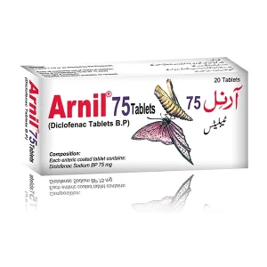 Arnil tablet 75mg - A white, round tablet with 'Arnil 75' imprinted on one side, resting on a blue surface.