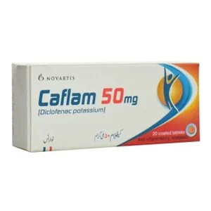 A white circular tablet with "Caflam 50mg" imprinted on one side.