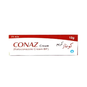 Tube of Conaz Cream with its packaging box on a white background.