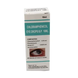 A close-up image of a bottle of Chloramphenicol Eye Drops, a medication used for treating bacterial eye infections. The bottle is labeled and sealed, with a dropper tip visible.
