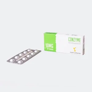 A box of Conzyme tablets, a pharmaceutical product used for reducing pain and swelling,