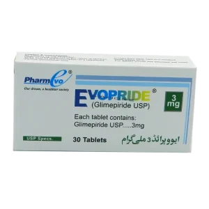 Evopride tablet 3 mg, a round, white medication tablet imprinted with the dosage and brand name