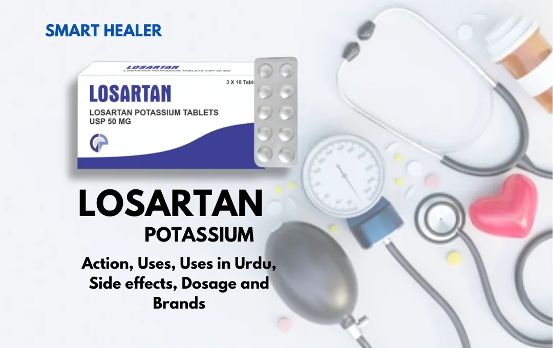 Losartan potassium, Discovery, Action, Uses, Uses in Urdu, Side effects, Dosage and Popular Brands.