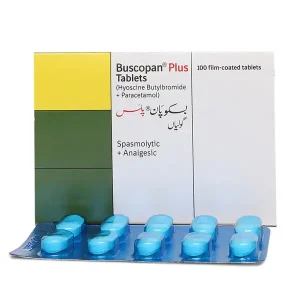 A blister pack of Buscopan Plus tablets against a white background.
