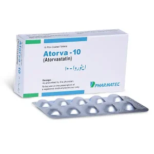 A close-up image of a blister pack of Atorva Tablets 10mg, with multiple round, white pills arranged in individual compartments.
