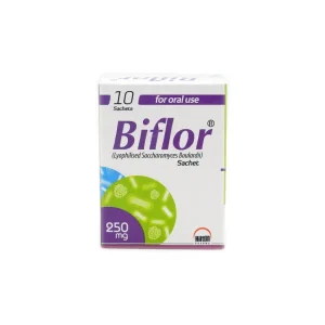 A sachet of Biflor 250mg powder, an oral rehydration solution and treatment for infectious and nonspecific diarrhea.