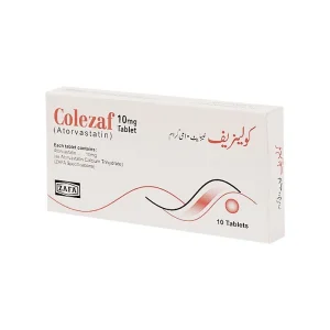 "A blister pack containing Colezaf 10 mg tablets, white in color, with a clear marking of 'Colezaf 10 mg' on each tablet.